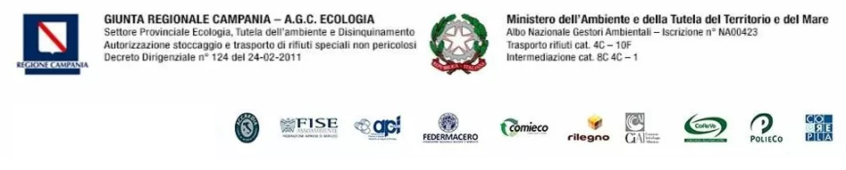 Autorizzazioni: Giunta Regionale Campania – Ministero dell'Ambiente – Albo Nazionale Gestori Ambientali NA00423 – Iscrizioni FISE, CNA, API, FEDERMACERO, Comieco, Rilegno, Corepla, PolieCo